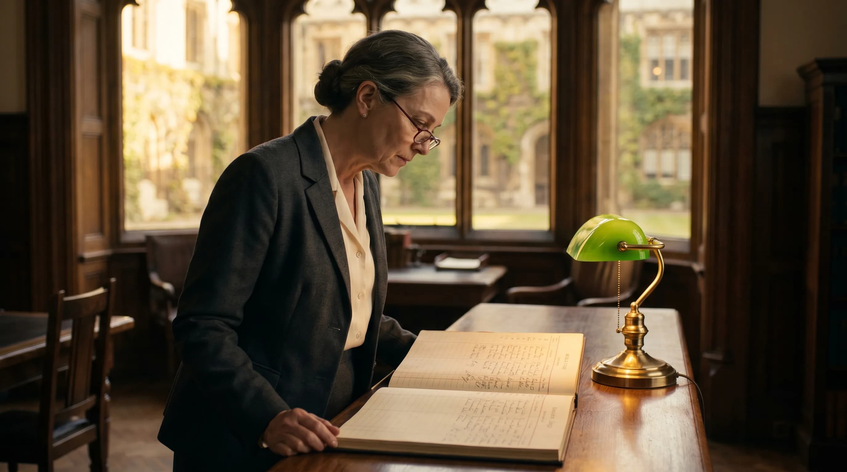 University administrator at a walnut admissions desk inside a 19th-century institutional hall.