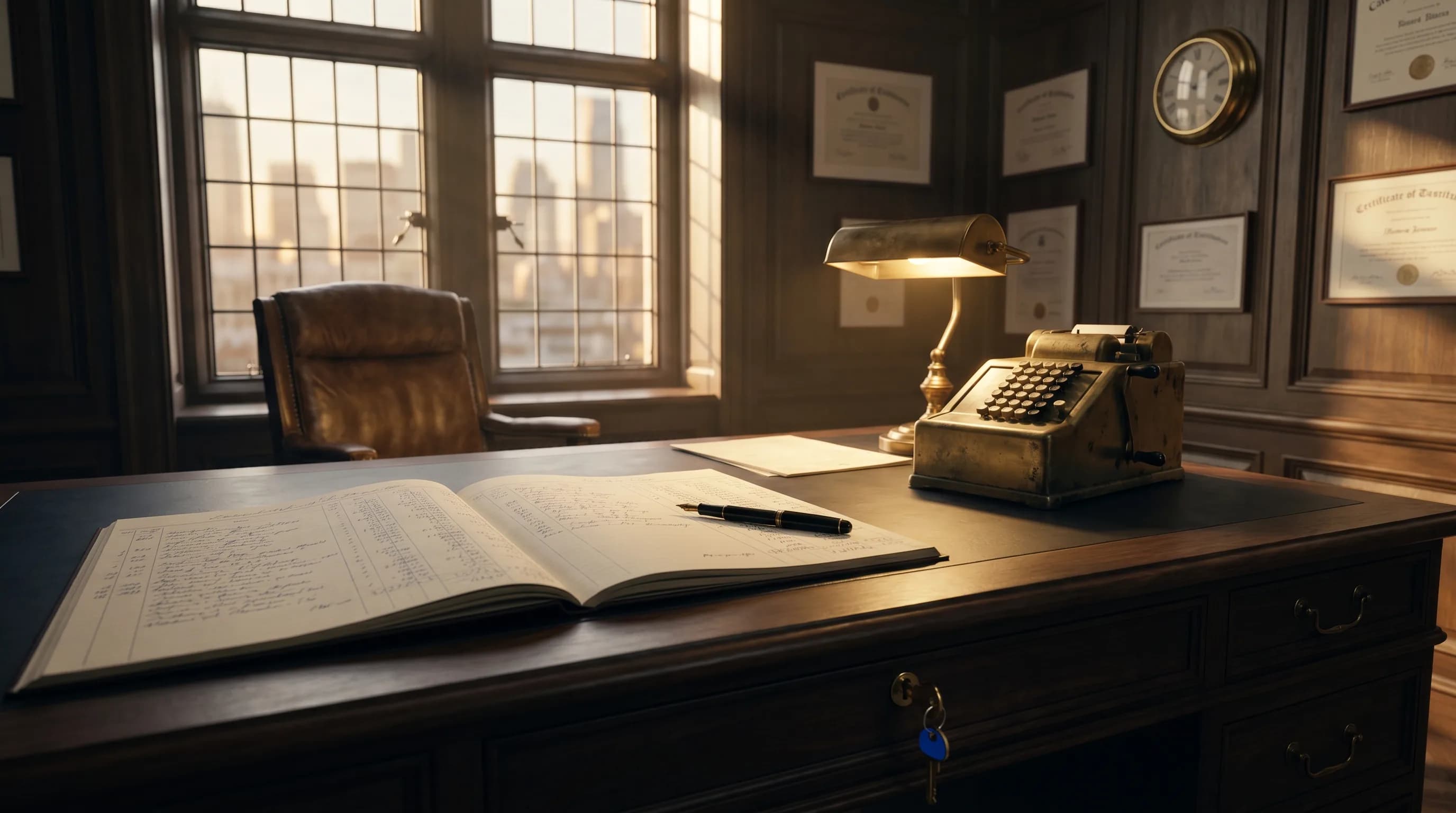 Traditional banker's desk at golden hour with a brass adding machine, cream paper ledger, and a fountain pen.