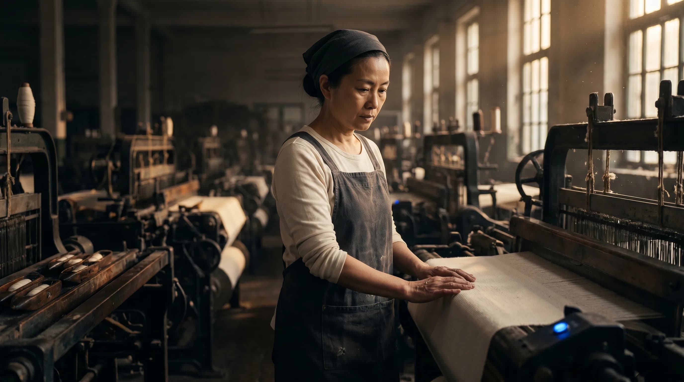 Textile mill operator inspecting woven fabric on a traditional loom at golden hour.