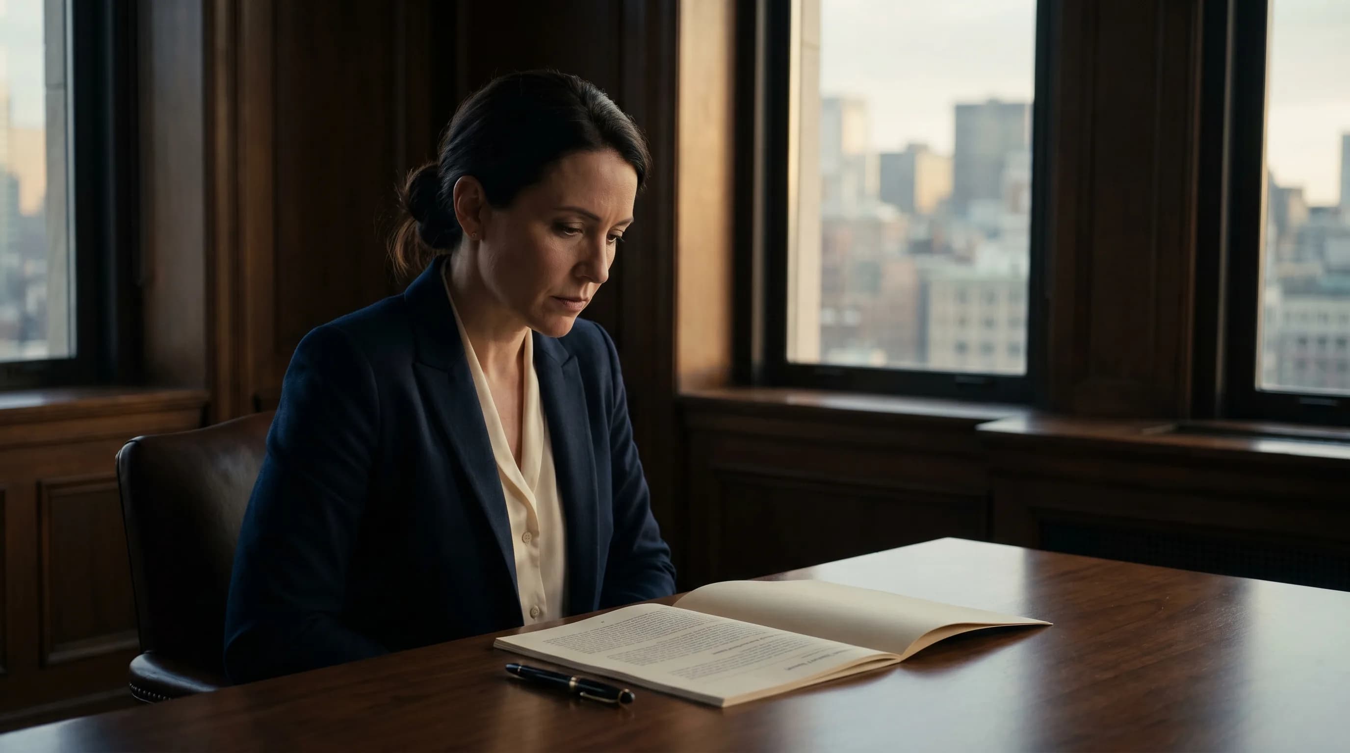 Head of compliance reviewing a financial report in a wood-paneled corner office at golden hour.