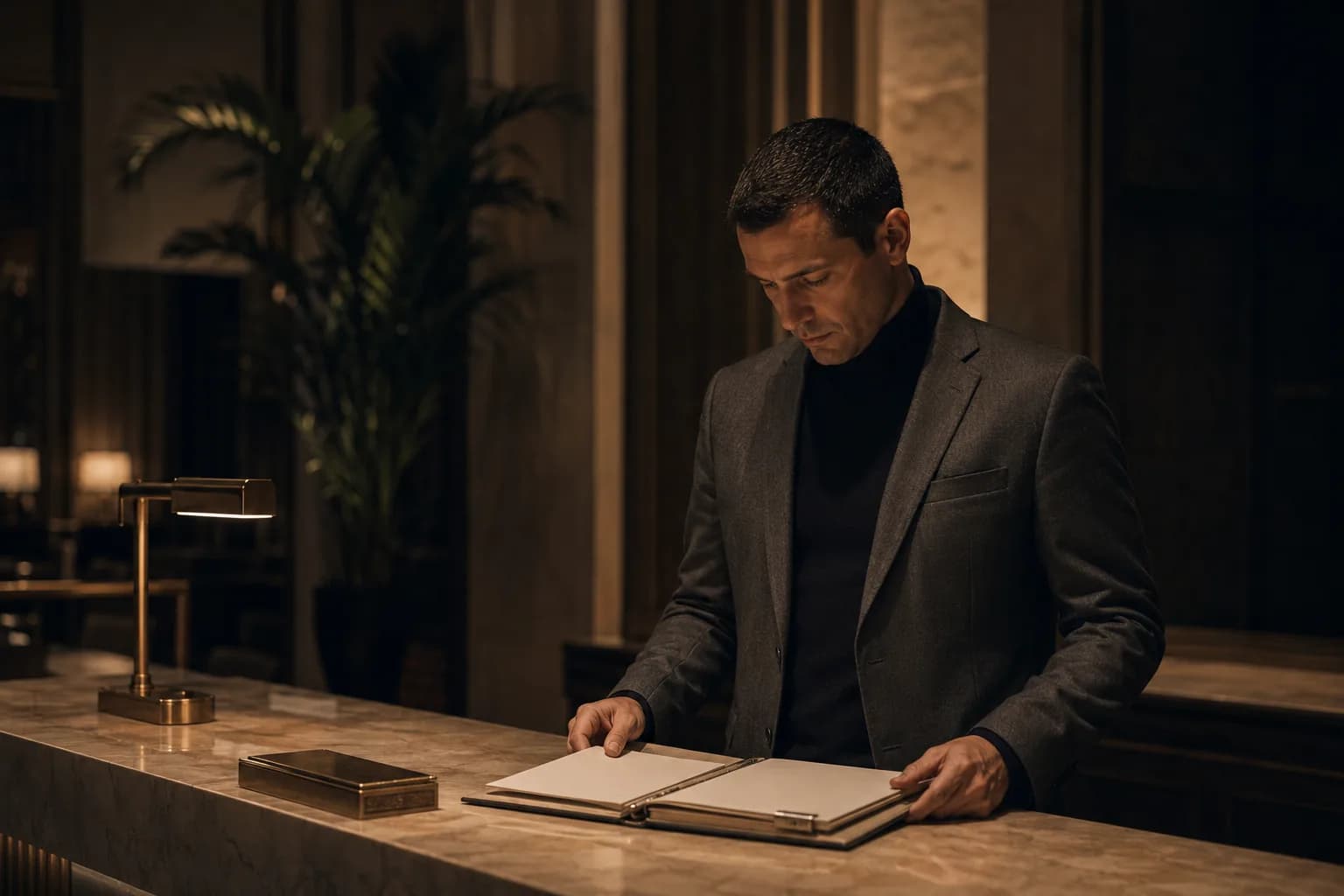 Hotel general manager at a marble reception desk in a five-star lobby at evening.
