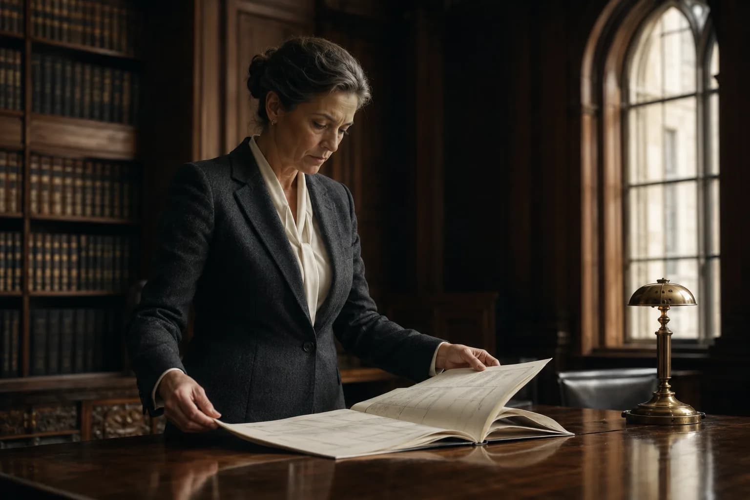 Senior university registrar reviewing an institutional report inside a wood-paneled administration hall.