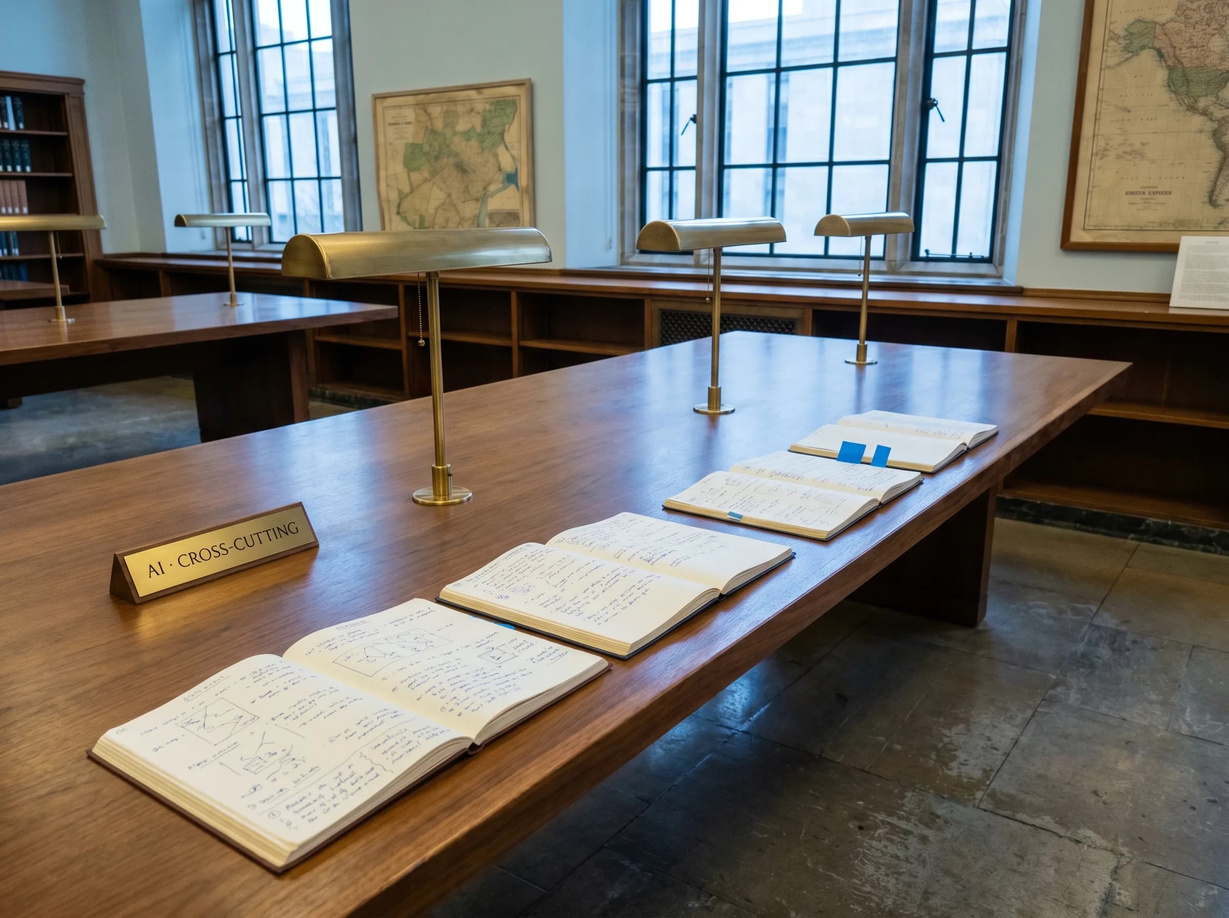 A quiet institutional reading room — four brass desk lamps lit in a row, three open ledgers laid across a long walnut table, a small brass plate reading 'AI · CROSS-CUTTING' on the corner, maps pinned to the far wall.