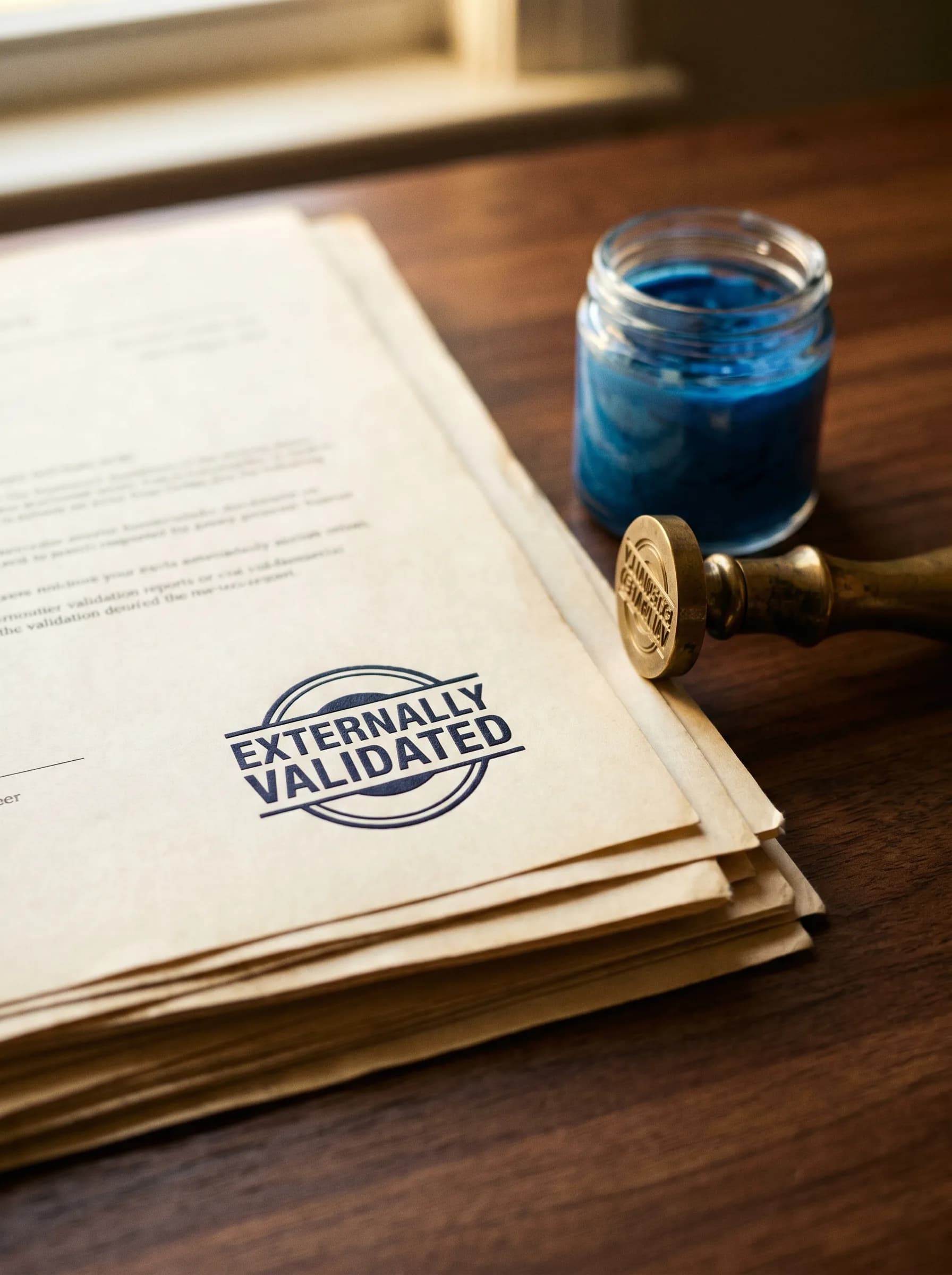 A single sheet of cream paper marked with a navy 'EXTERNALLY VALIDATED' circular stamp, beside a glass jar of blue sealing-wax beads and a brass-handled stamp.