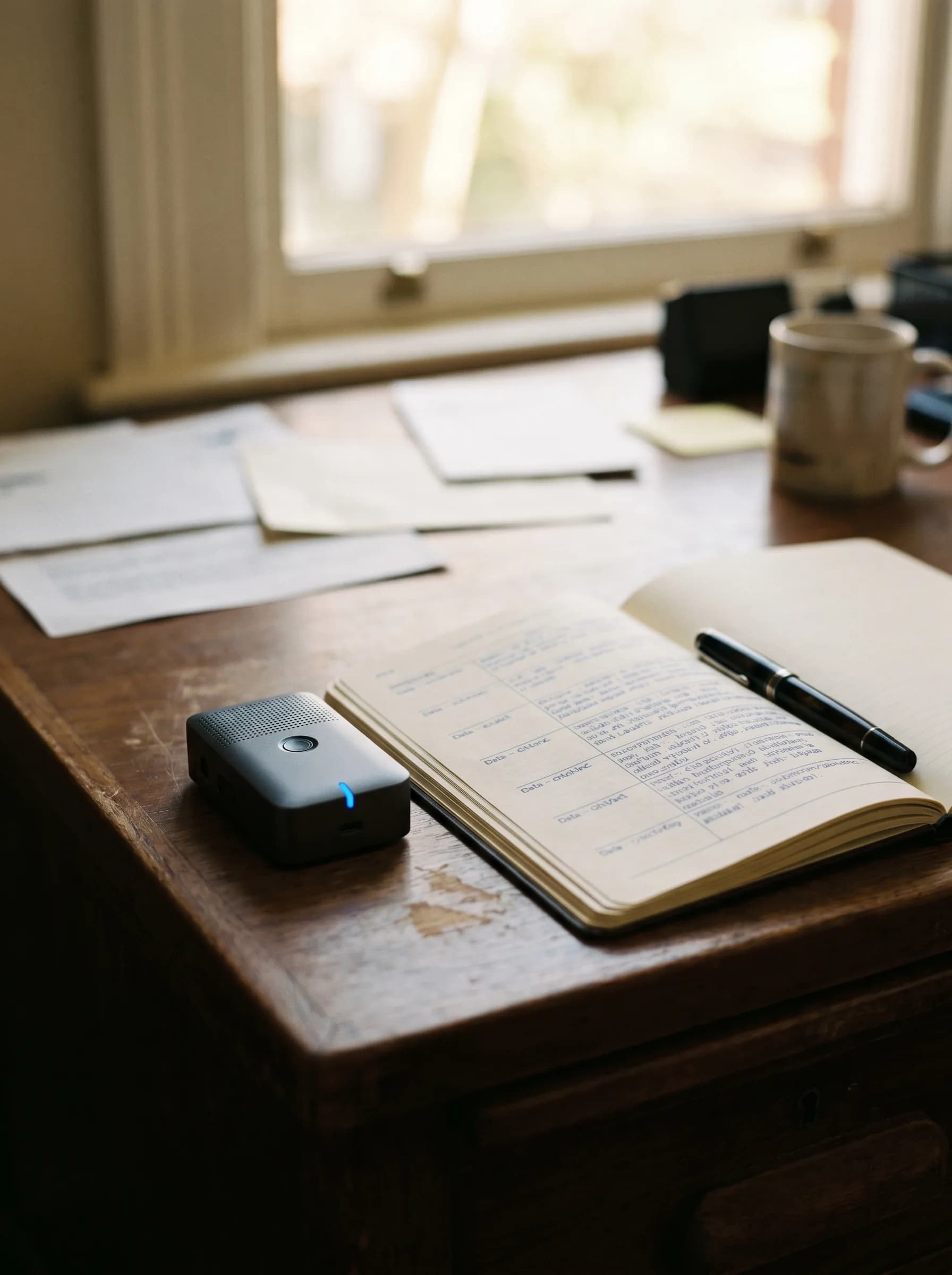 A small recording device with a single electric-blue status LED on a worn walnut desk, beside an open handwritten notebook tracking 'Data · ON/OFF' entries.