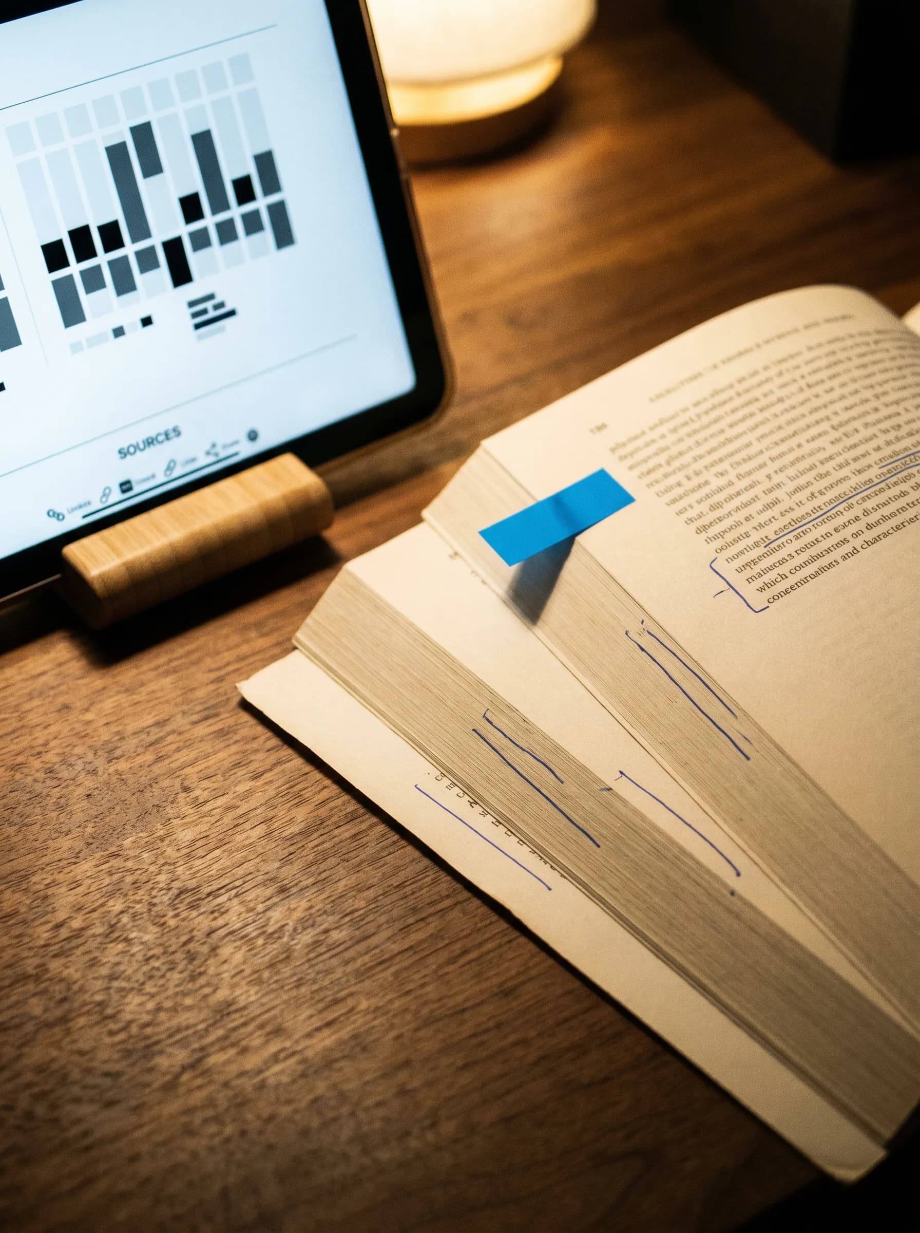 A tablet on a wooden desk showing a 'SOURCES' bar-chart panel, beside an open hardcover with marginalia and a blue tape-flag bookmarking a referenced paragraph.