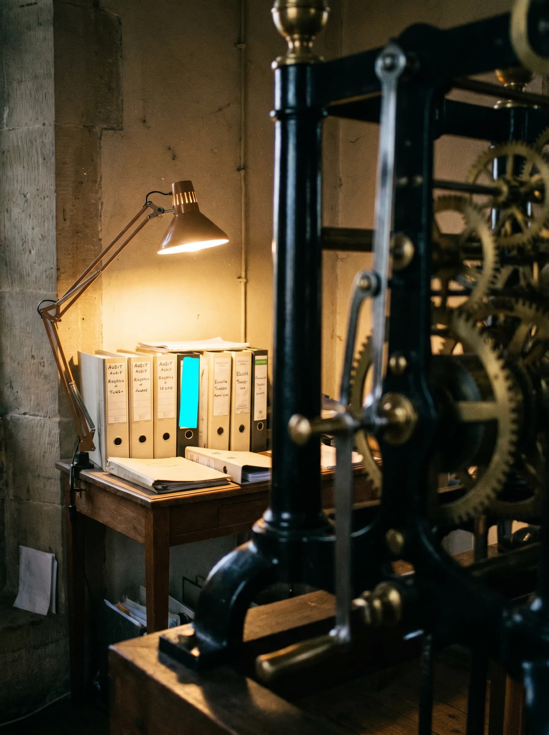 Brass clock-tower movement in foreground with audit binders under a single warm lamp.