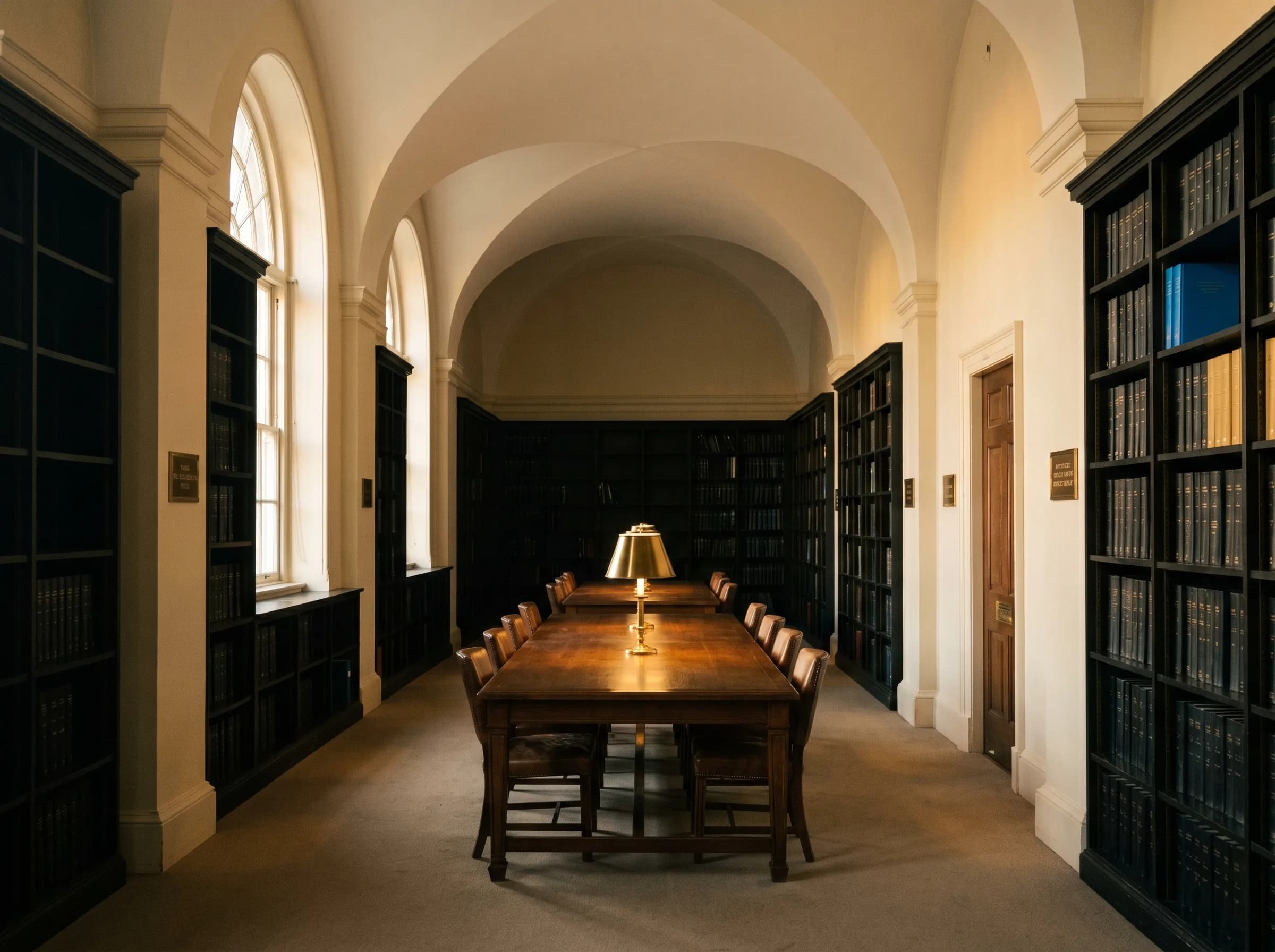 Quiet institutional reading room — long oak table, single brass desk lamp.
