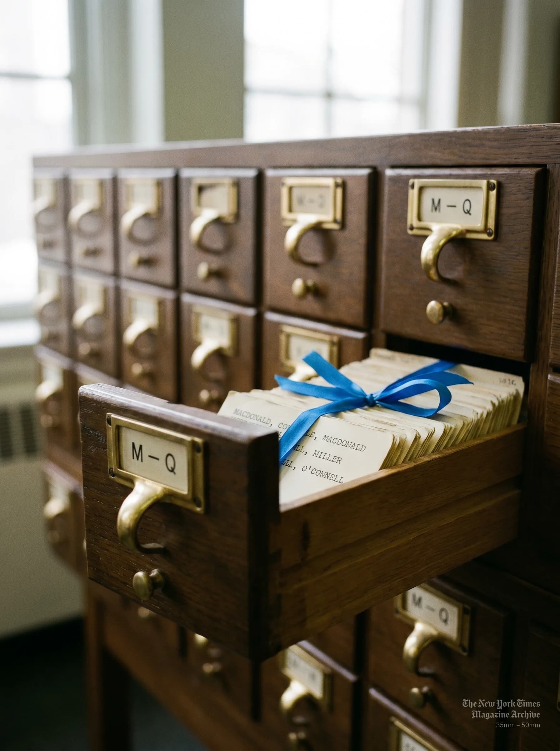 A wooden card-catalogue drawer labelled M – Q with a bundle of cards tied in blue ribbon.