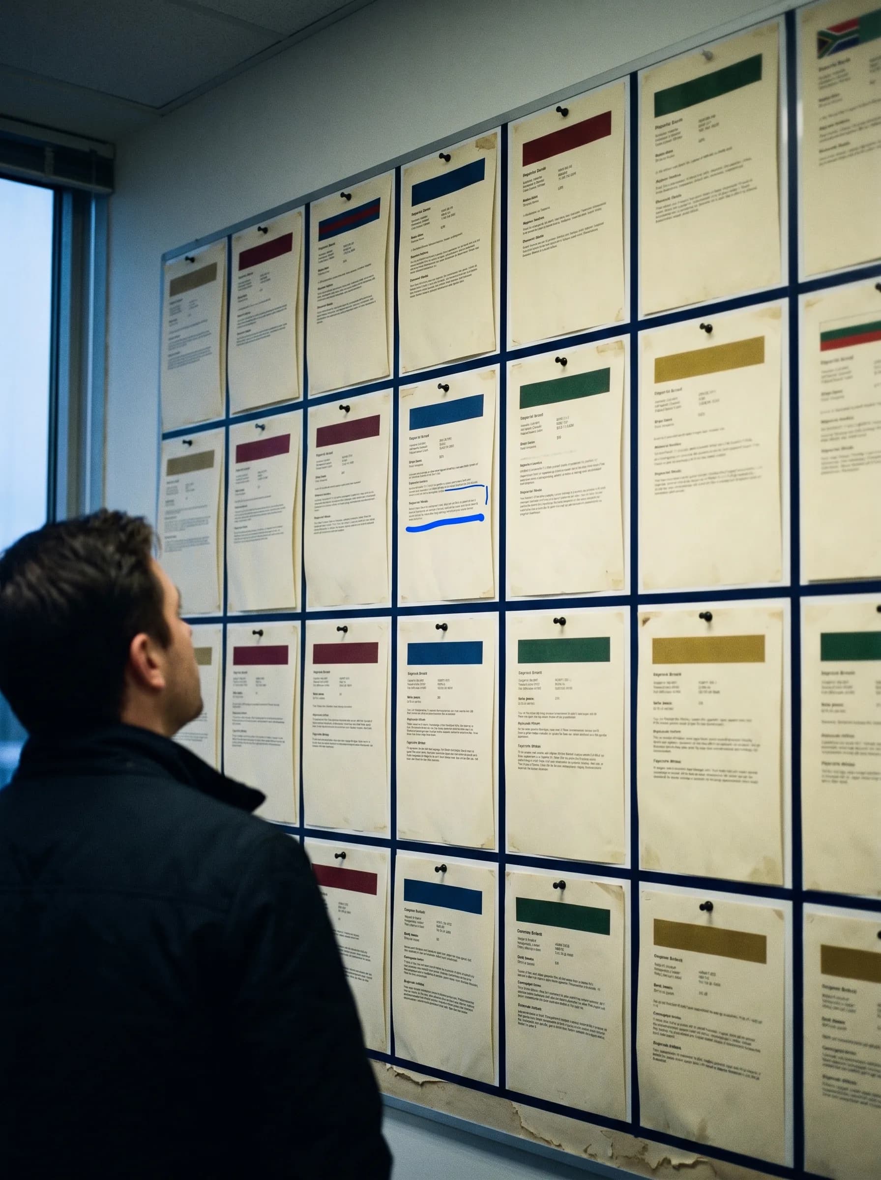 A wall of pinned operational briefs, each with a different color-coded country header, an operator reviewing one.