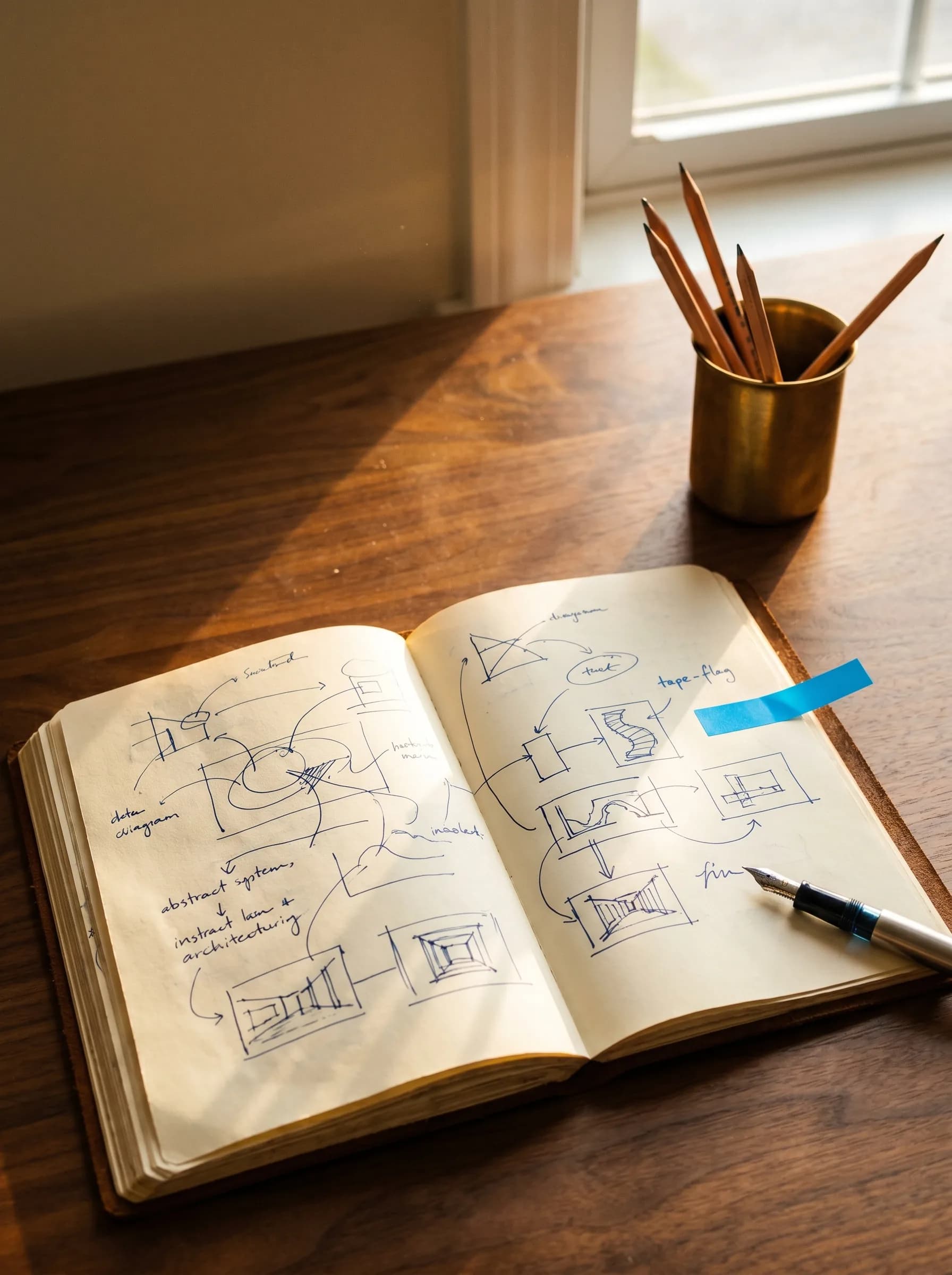 An open notebook on a walnut desk filled with hand-drawn architecture diagrams — boxes, arrows, the words 'abstract systems' visible — beside a brass cup of sharpened pencils.