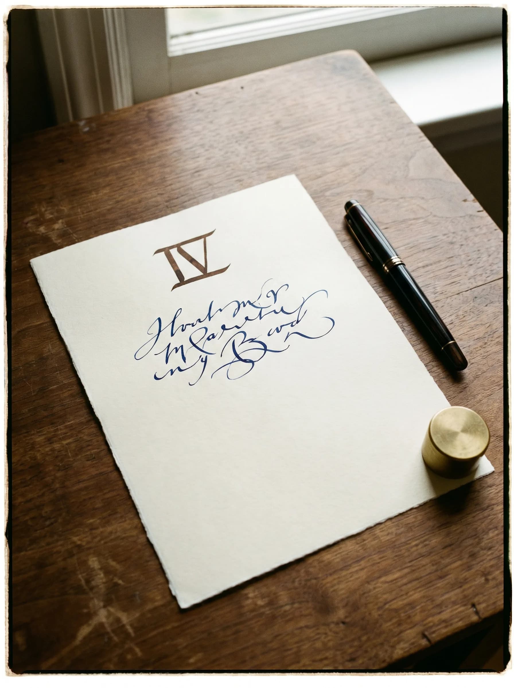 A handmade plate of cream paper marked with a single Roman numeral IV in navy ink, calligraphed below with a signature line, beside a fountain pen and a small brass paperweight.